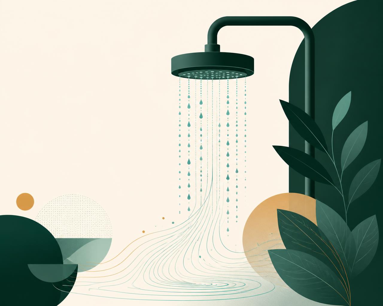 Illustration av en dusch där vattnet rinner och energiflöden följer med nedåt